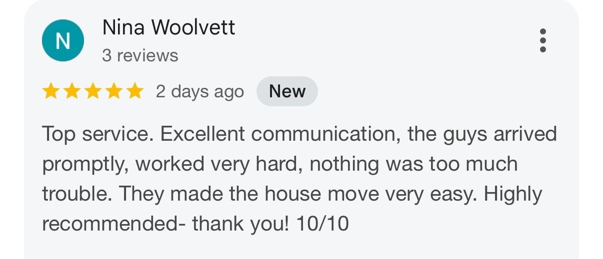 5-star Google review for Man and Van Winchester from customer Nina Woolvett praising communication, punctuality, hard work and an easy house move.